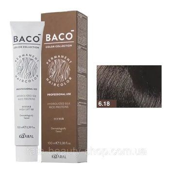 Стойкая крем-краска для волос Kaaral Baco Permanent Hair Color, 100мл 6.18 попелясто-коричневий 2586968014 фото